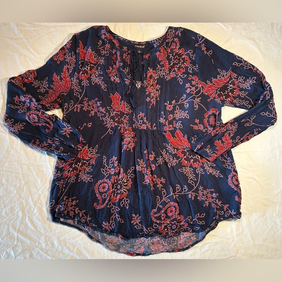 Lucky Brand Tops - Lucky Brand Long Sleeve Tie Tassel Red & Navy Floral Blouse Boho Women’s Large